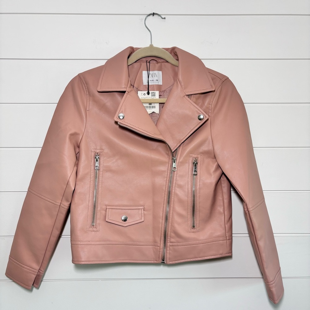 ZARA Faux Leather Moto Jacket  Size‎ 11-12 Baby blush Pink New with tag